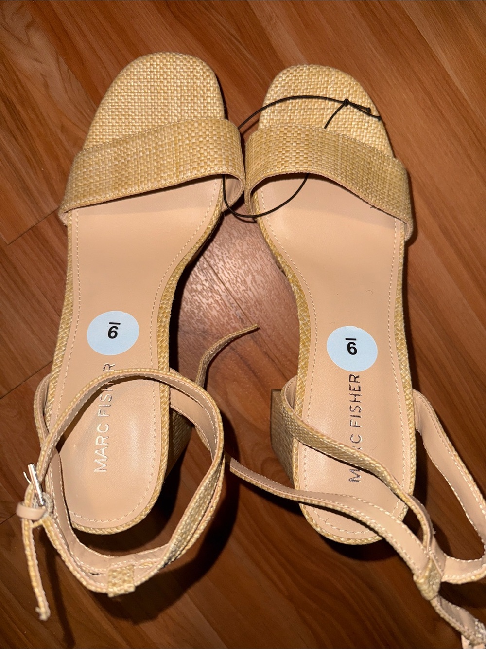 Marc Fisher Beige Woven Ankle-Strap Block Heel Sandals